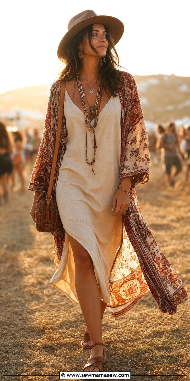 Slip Dress With Long Kimono Cardigan And Flat Sandals - 25 Slip dress outfit ideas with a cardigan