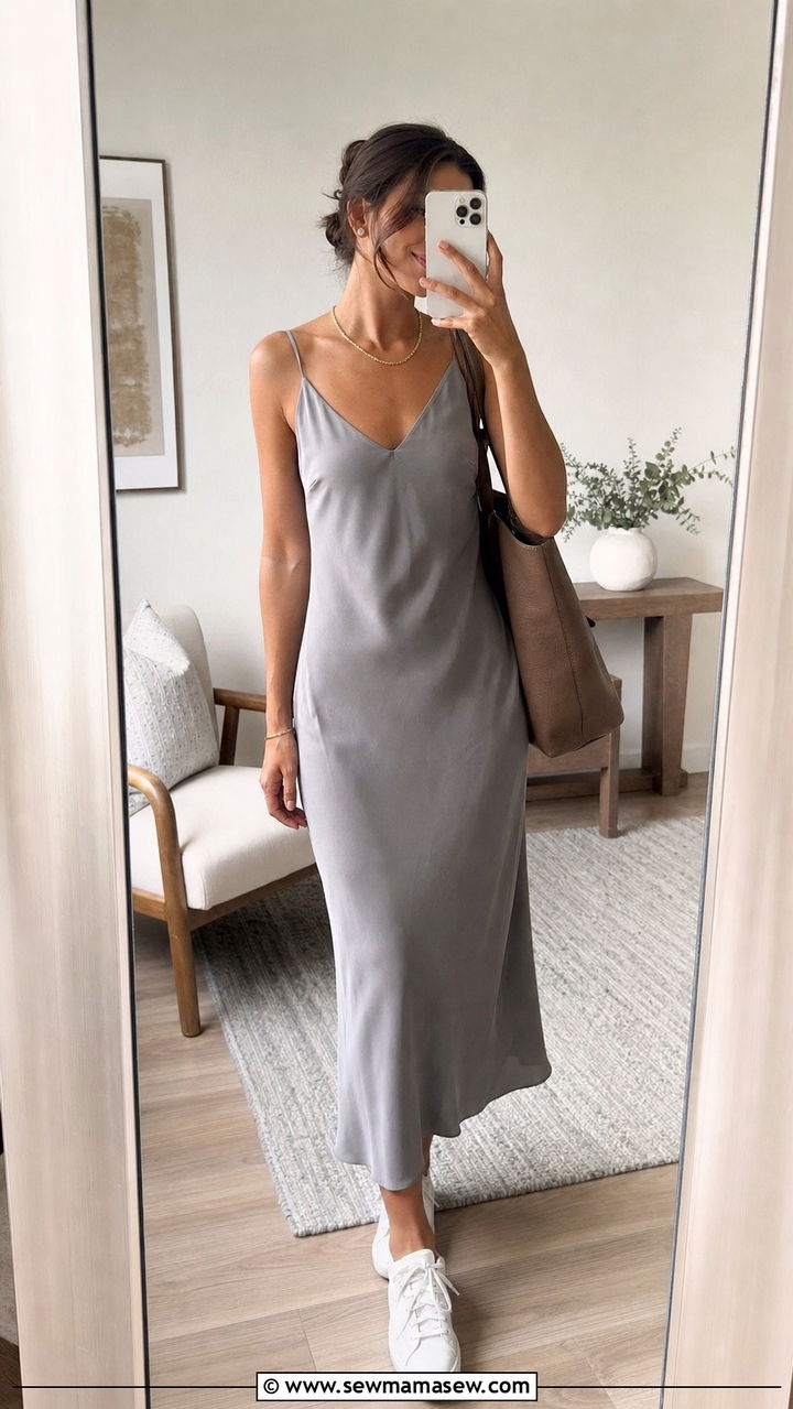 Slip Dress With Minimal Jewelry And Sneakers Outfit - 25 Slip dress outfit ideas with sneakers