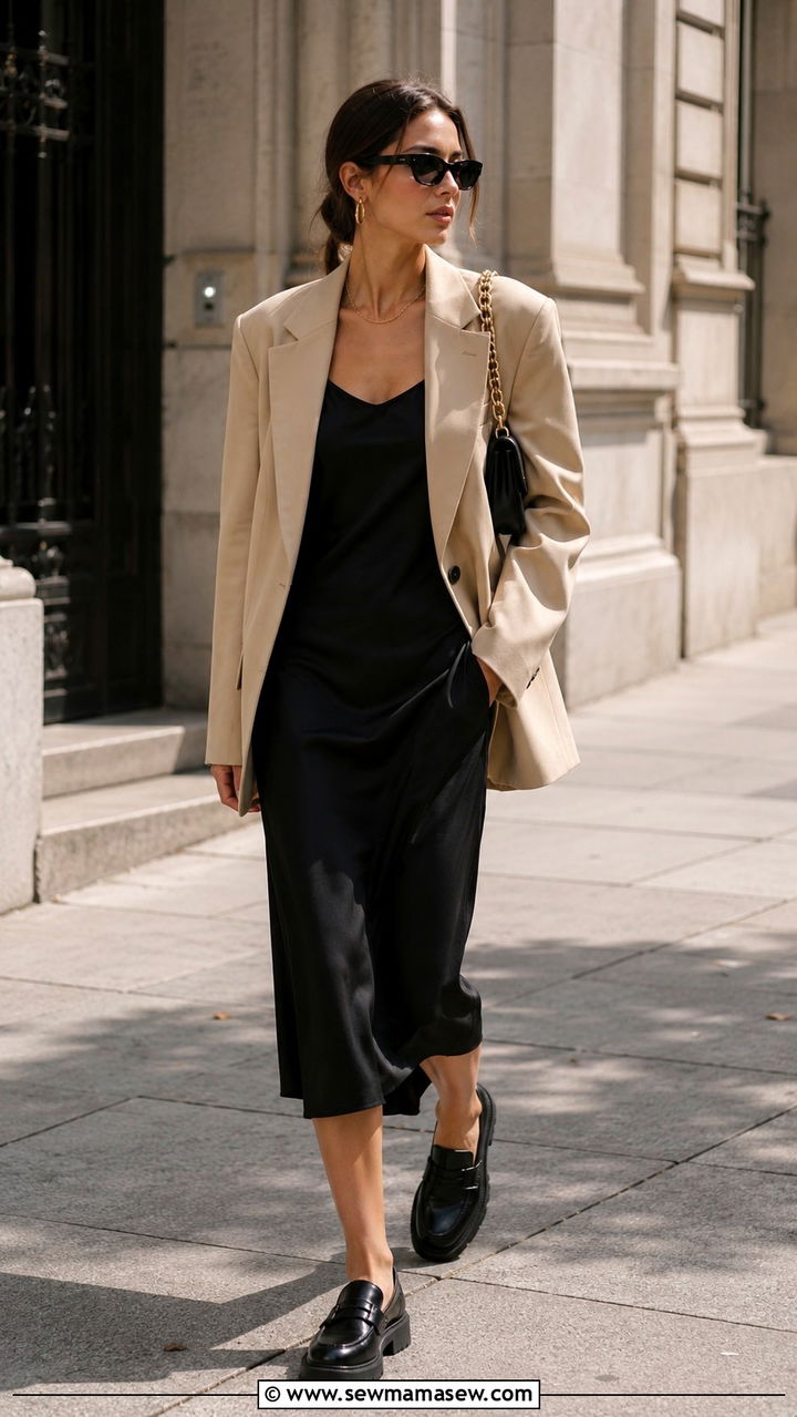 Slip Dress With Oversized Blazer - 20 slip dress outfits inspo