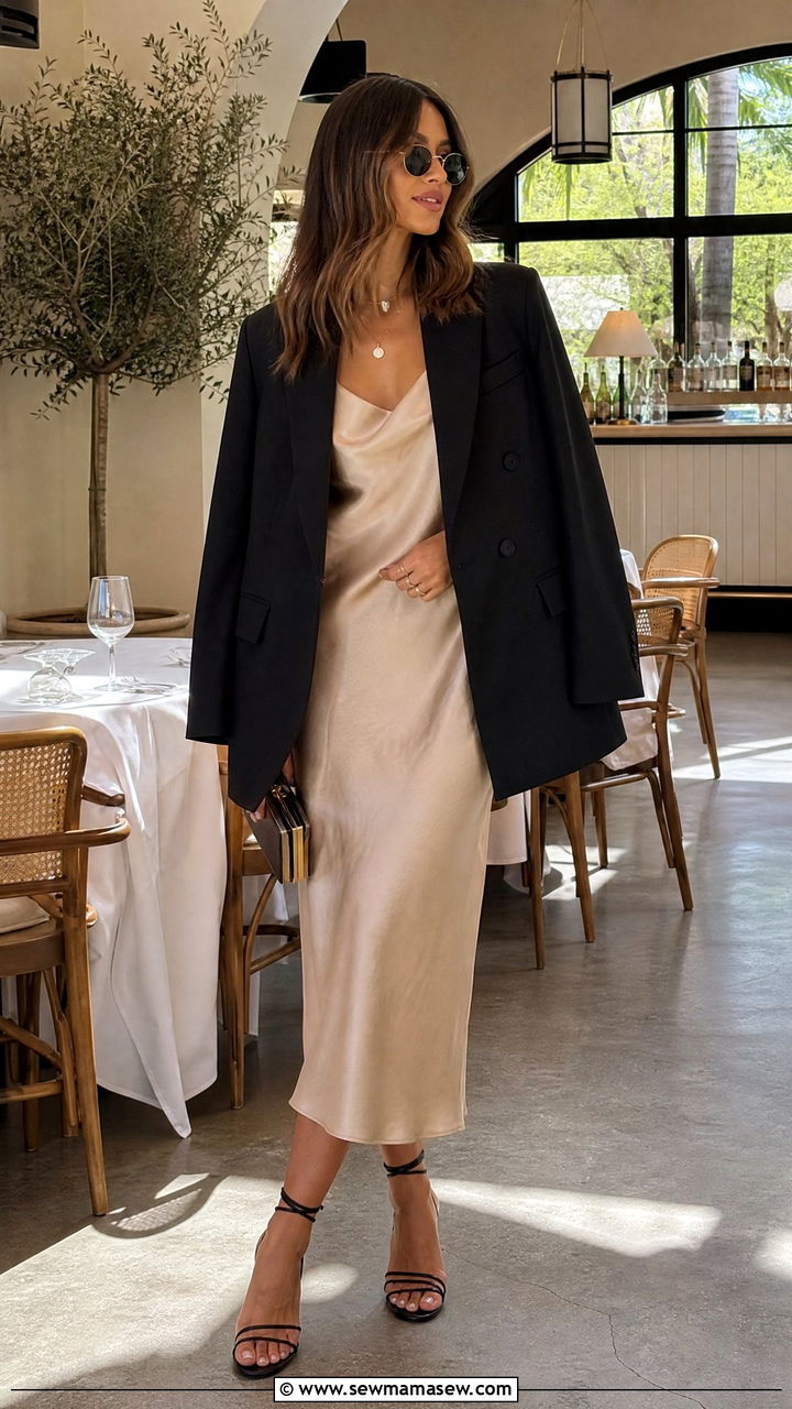 Slip Dress With Oversized Blazer - 25 Brunch outfit ideas early morning