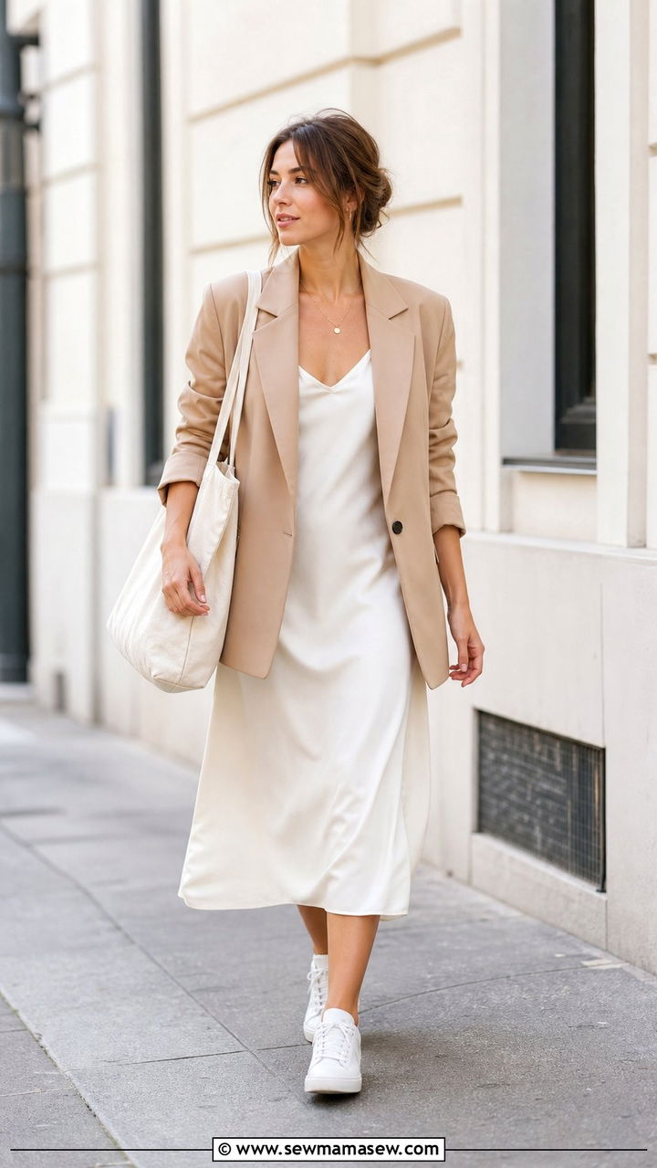 Slip Dress With Oversized Blazer And Sneakers - 25 Slip dress outfit ideas with a blazer