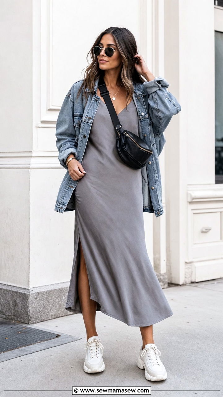 Slip Dress With Oversized Denim Jacket And Dad Sneakers - 25 Slip dress outfit ideas with a denim jacket