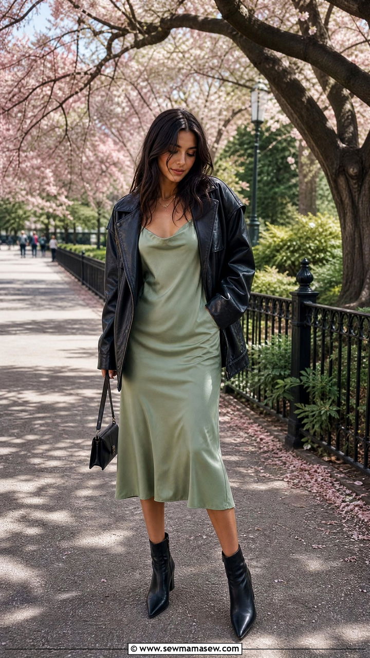 Slip Dress With Oversized Leather Jacket And Ankle Boots - 30 Edgy spring outfits