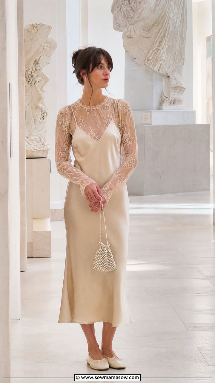 Slip Dress With Sheer Blouse And Ballet Flats - 25 poetcore outfits inspo
