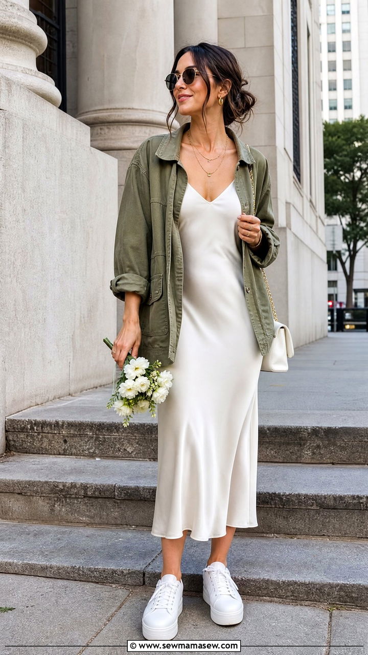 Slip Dress With Utility Jacket And Platform Sneakers - 25 How to style a slip dress for a wedding