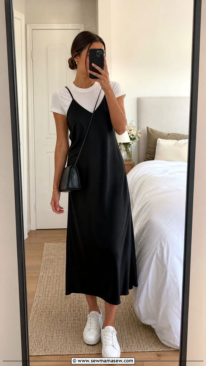 Slip Dress With White Tee Layered Underneath - 30 clean girl outfits to copy