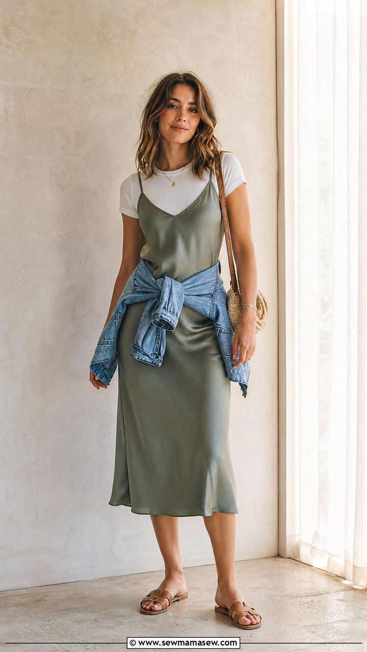 Slip Dress With White Tee Underneath And Sandals - 30 Summer outfit ideas for stay at home mom