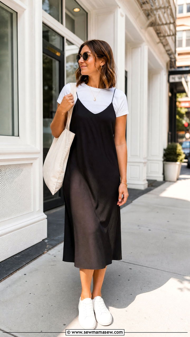 Slip Dress With White Tee and Sneakers - 25 chic slip dress outfit ideas