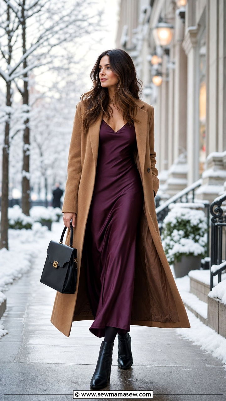 Slip Dress With Wool Coat And Heeled Boots - 25 classy slip dress outfits