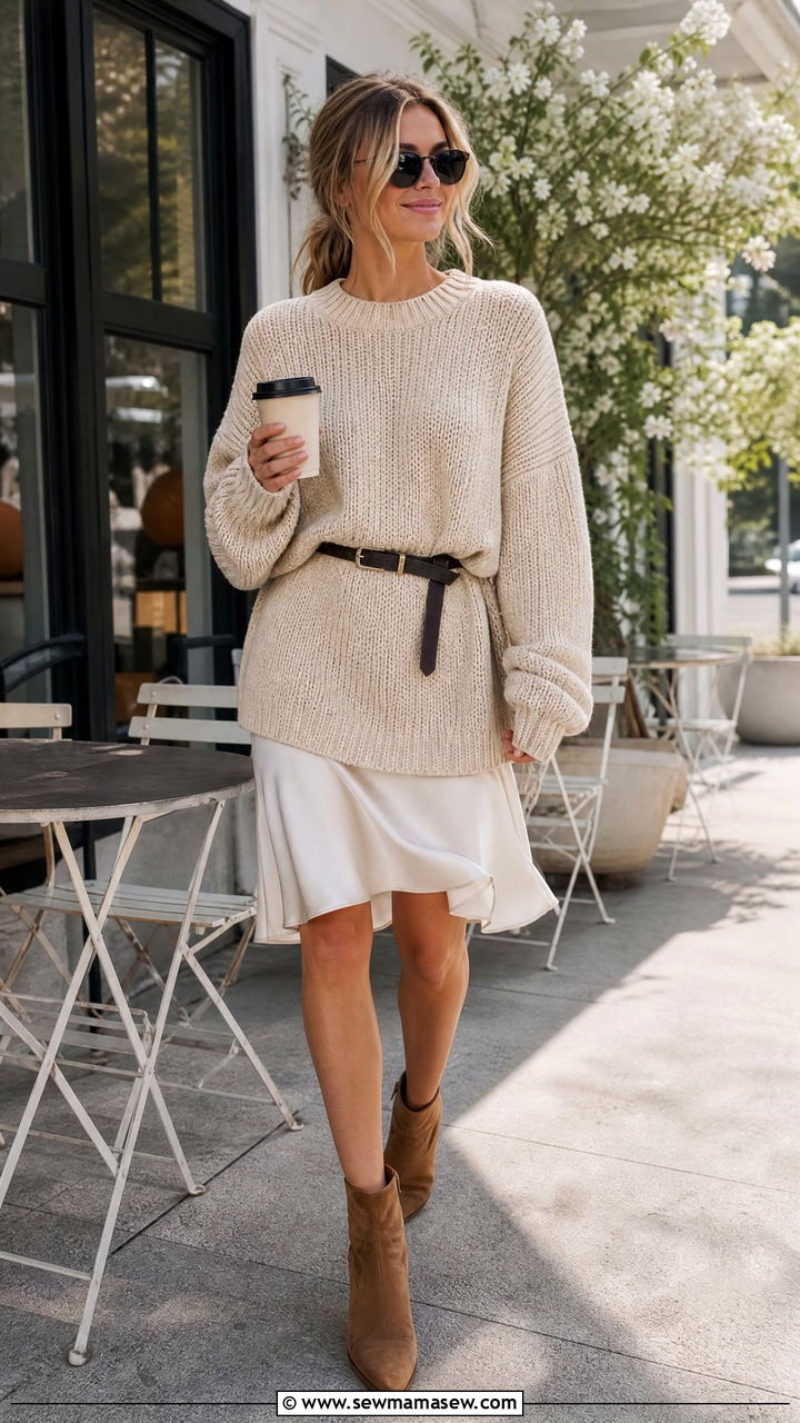 Slip Dress Worn Under an Oversized Chunky Knit Sweater - 25 Spring outfits with slip dresses