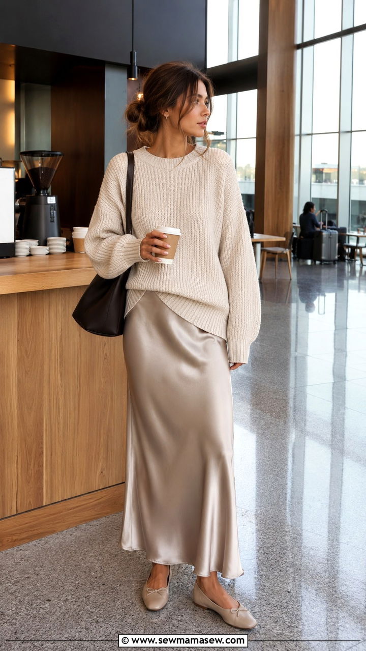 Slip Dress and Chunky Knit Airport Outfit - 25 Airport outfit ideas for short flight