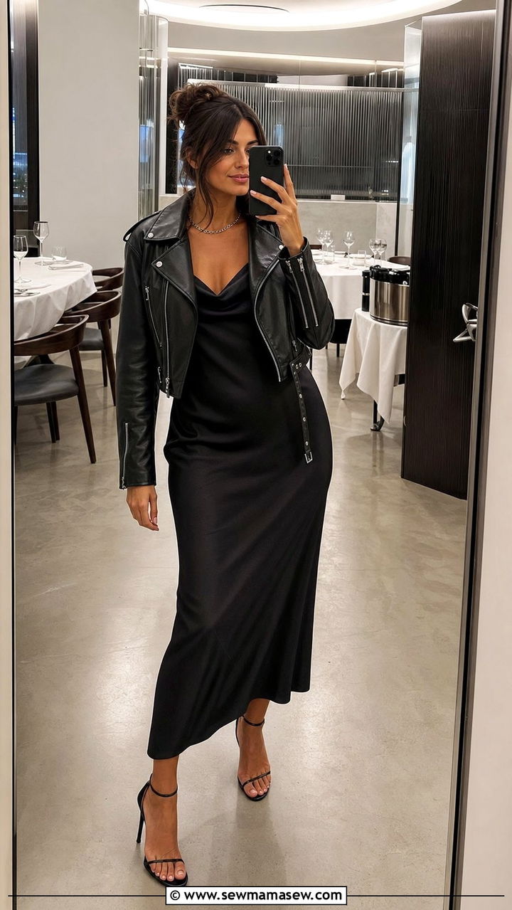 Slip Dress and Leather Jacket Layered Outfit - 25 edgy capsule wardrobe outfits