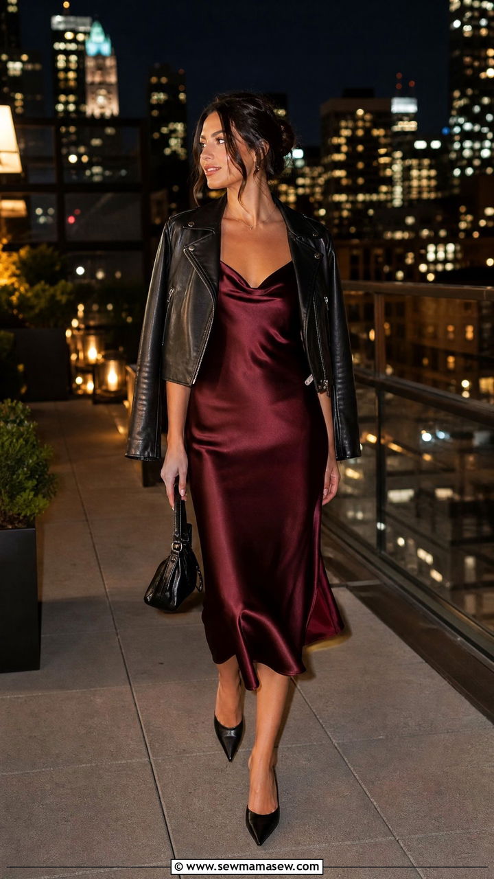 Slip Dress and Leather Jacket Outfit - 35 Girls night out outfit ideas