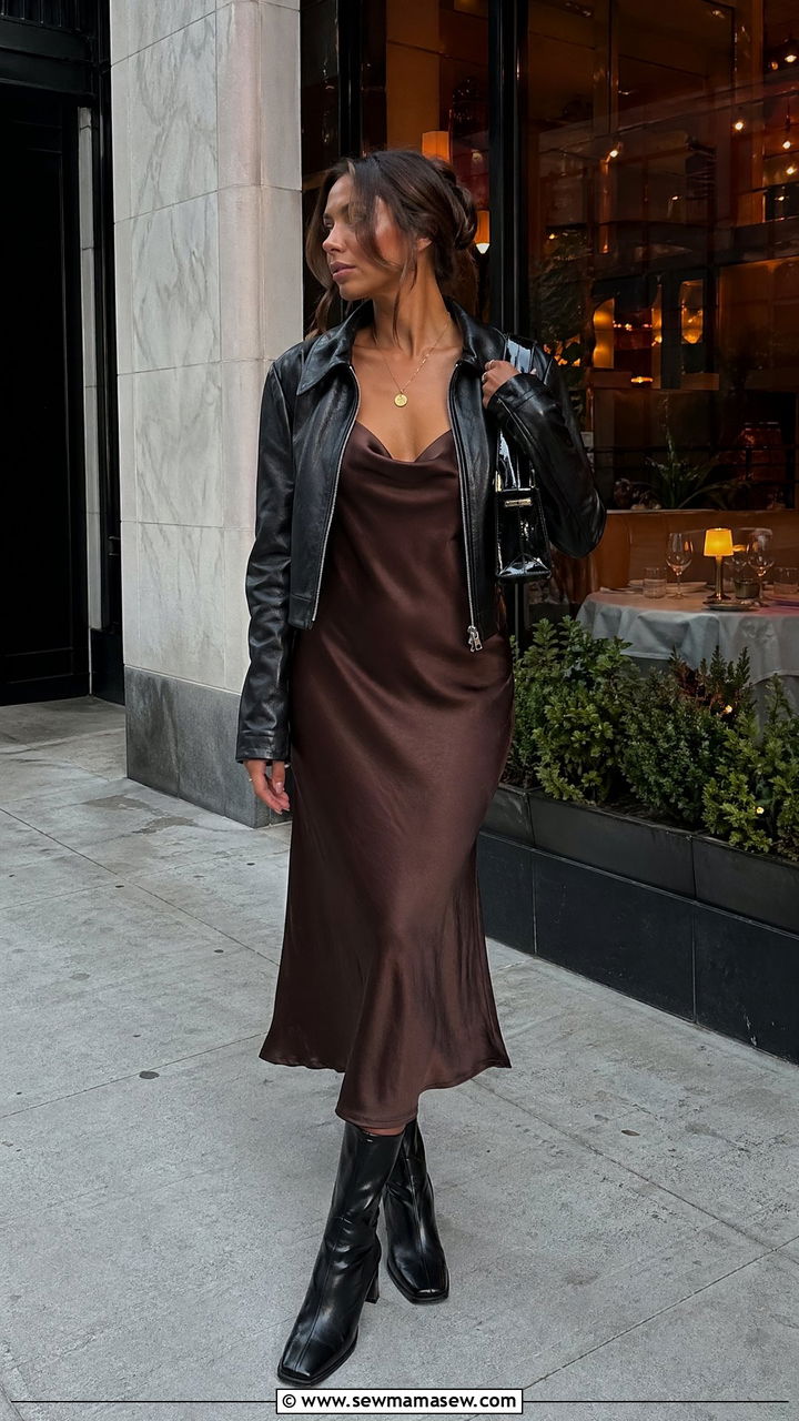 Slip Dress and Leather Jacket Outfit - 35 Downtown girl outfit ideas