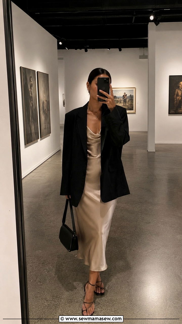 Slip Dress and Oversized Blazer With Strappy Heels - 20 Photography exhibit outfit ideas