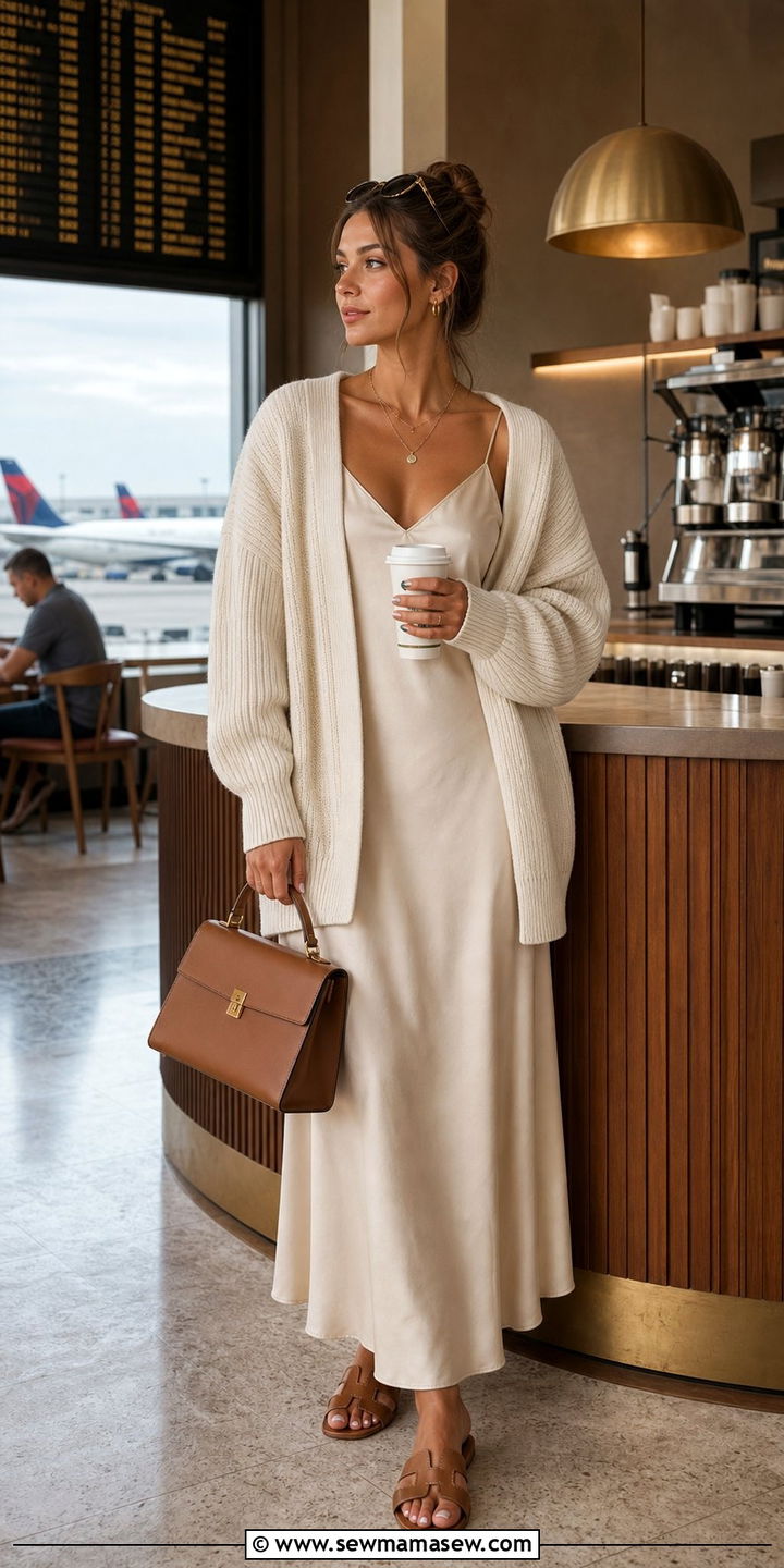 Slip Dress and Oversized Cardigan Travel Outfit - 25 Clean girl travel outfit ideas
