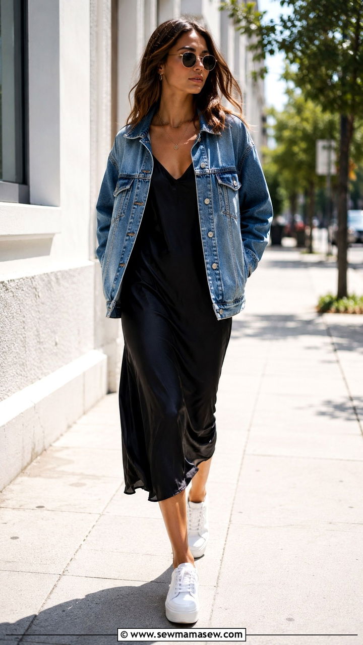 Slip Dress and Oversized Denim Jacket with Platform Sneakers - 30 grunge outfits inspo