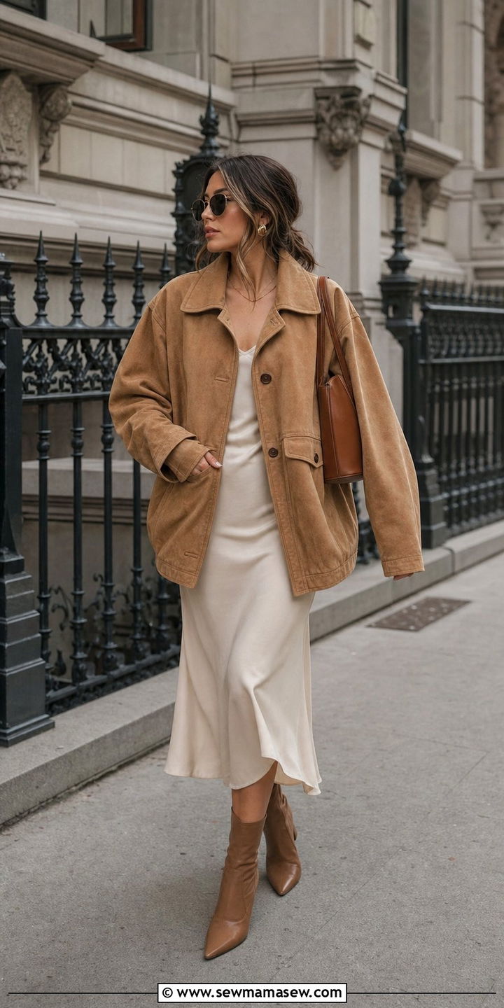Slip Dress and an Oversized Suede Jacket - 35 April outfits for women