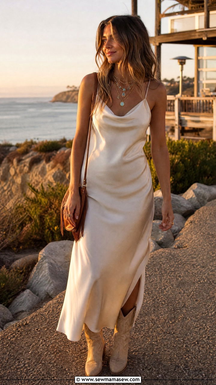 Slip Dress with Ankle Cowboy Boots Outfit - 30 coastal cowgirl outfits ideas
