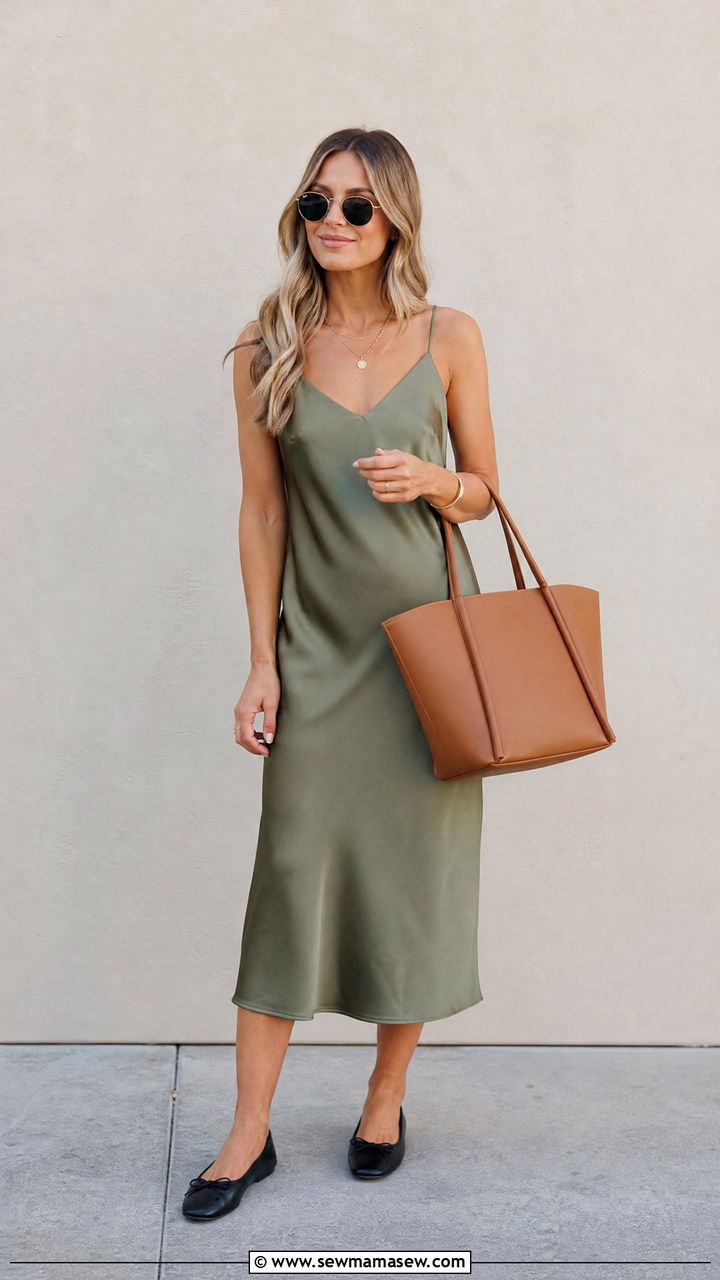 Slip Dress with Ballet Flats and a Structured Tote Bag - 25 Spring outfits with slip dresses