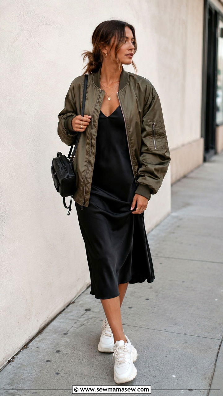 Slip Dress with Bomber Jacket - 30 slip dress outfits ideas