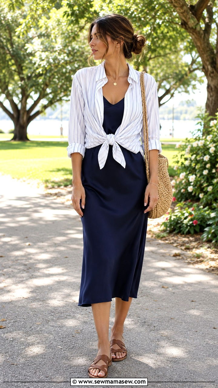 Slip Dress with Button Down Shirt - 30 slip dress outfits ideas
