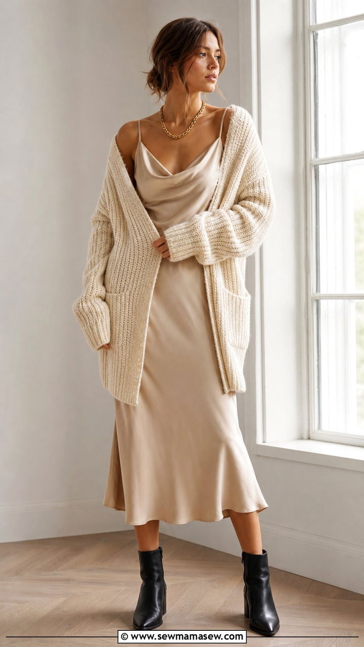 Slip Dress with Chunky Cardigan and Ankle Boots - 25 cute trendy outfits