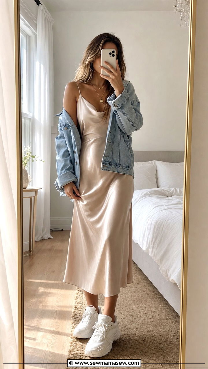 Slip Dress with Chunky Sneakers and Oversized Denim Jacket - 25 spring model off duty outfits