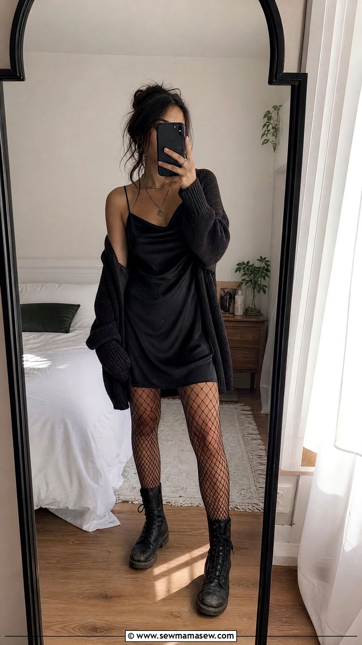 Slip Dress with Combat Boots and Fishnet Tights - 35 grunge outfit ideas for women