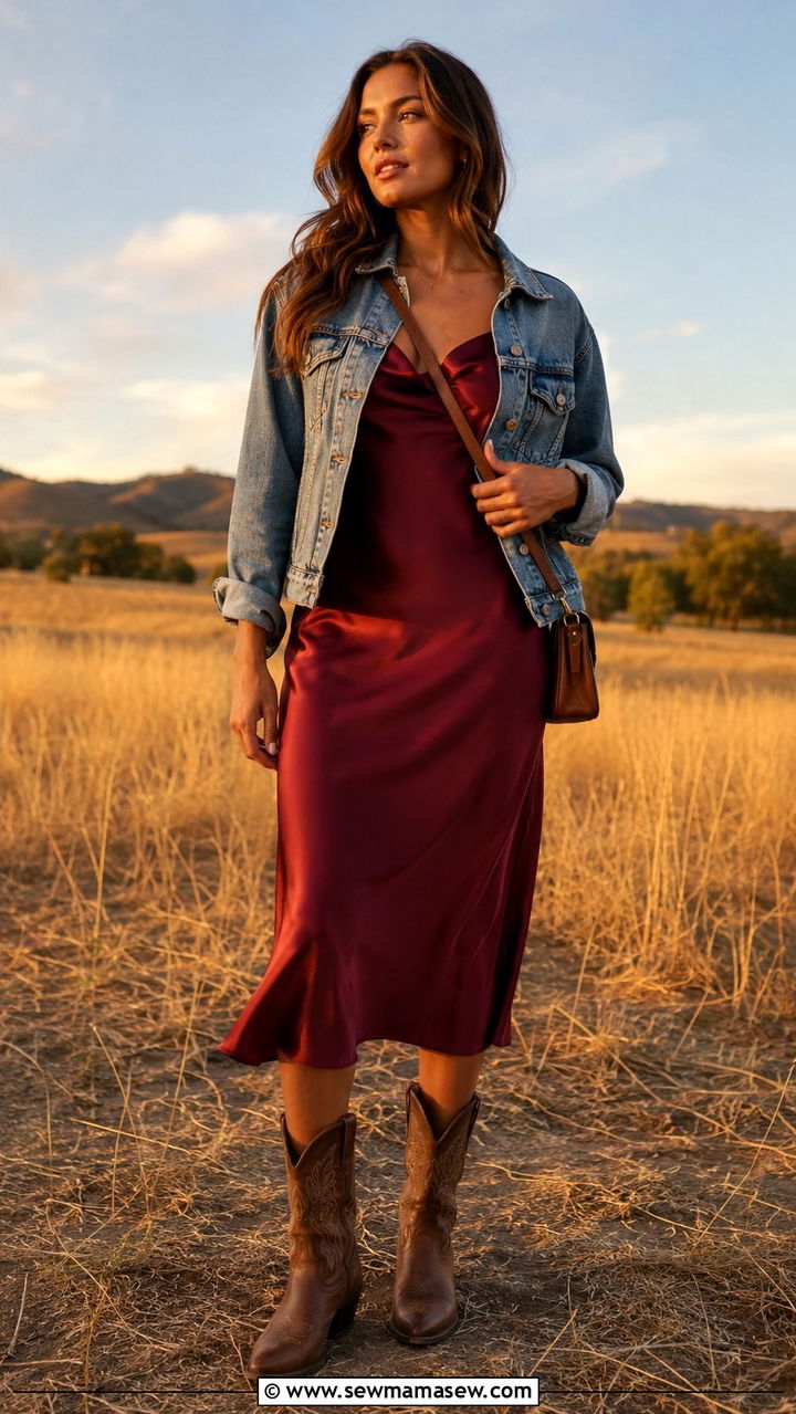 Slip Dress with Cowboy Boots - 30 slip dress outfits ideas
