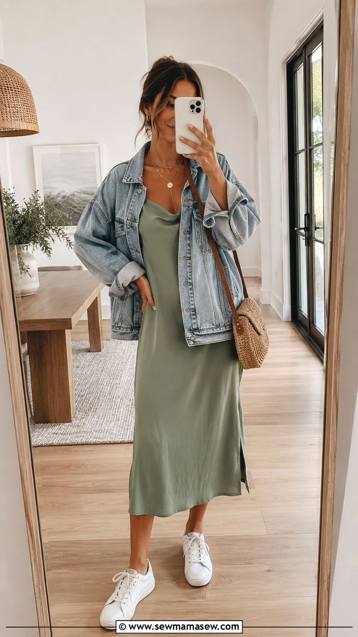 Slip Dress with Denim Jacket - 30 Slip dress outfit ideas for summer