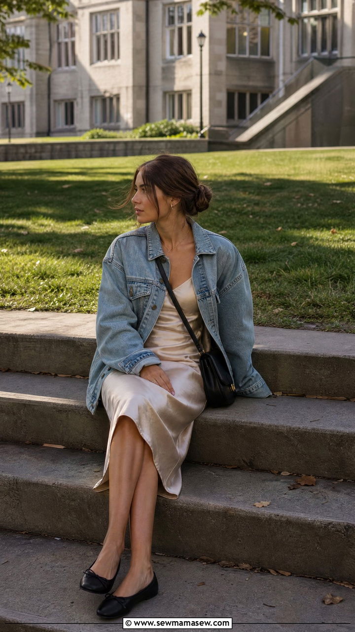 Slip Dress with Denim Jacket and Ballet Flats - 30 College campus outfit ideas 2026
