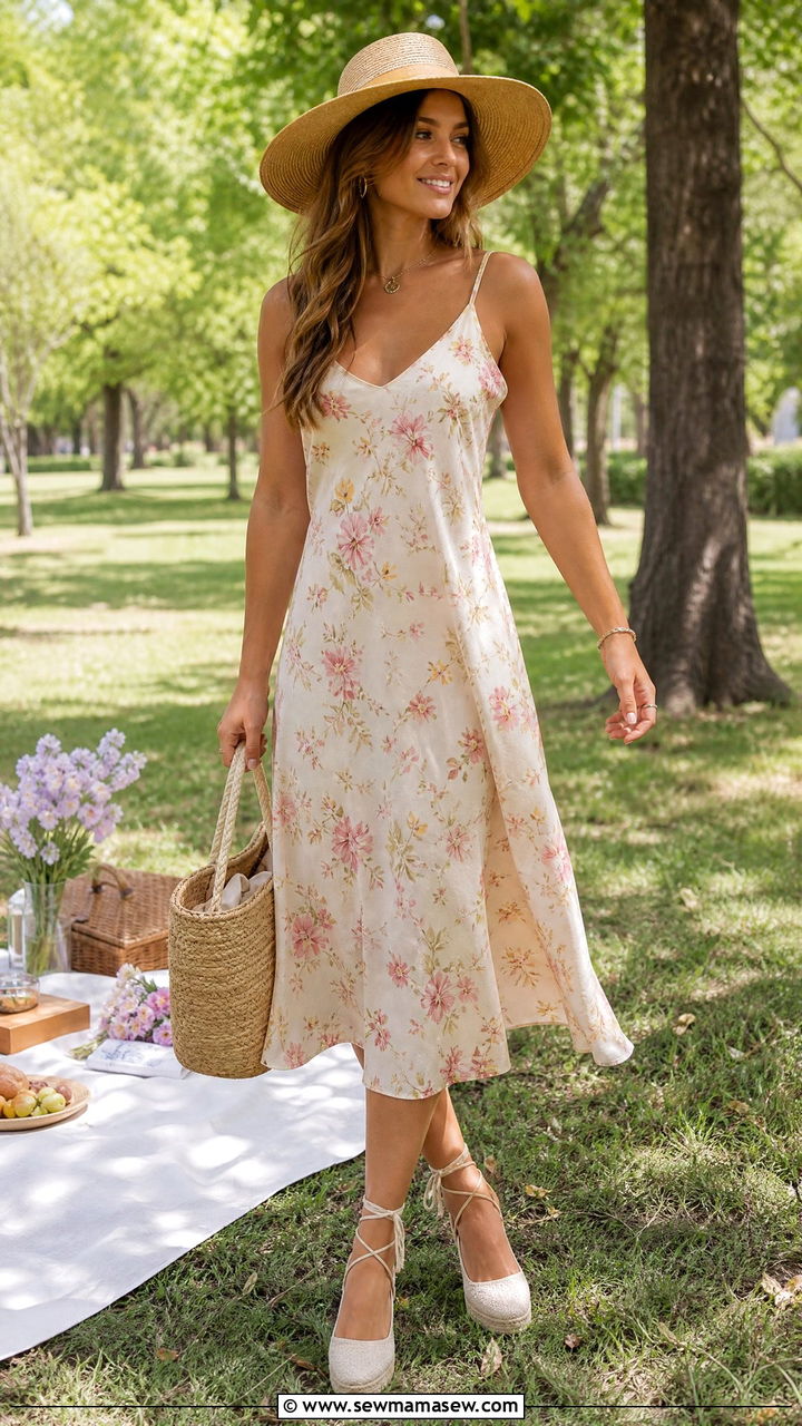 Slip Dress with Espadrille Wedges and a Straw Tote - 25 Spring outfits with slip dresses