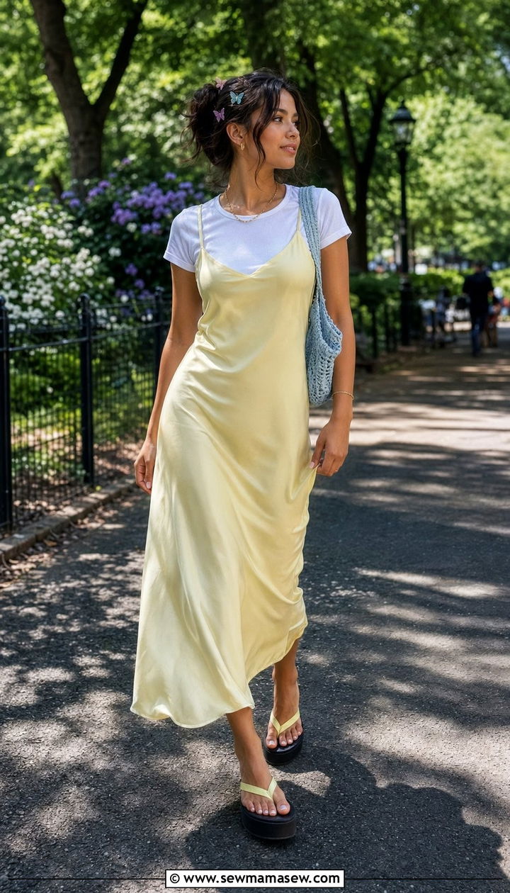 Slip Dress with Layered T Shirt - 30 Y2K summer outfits