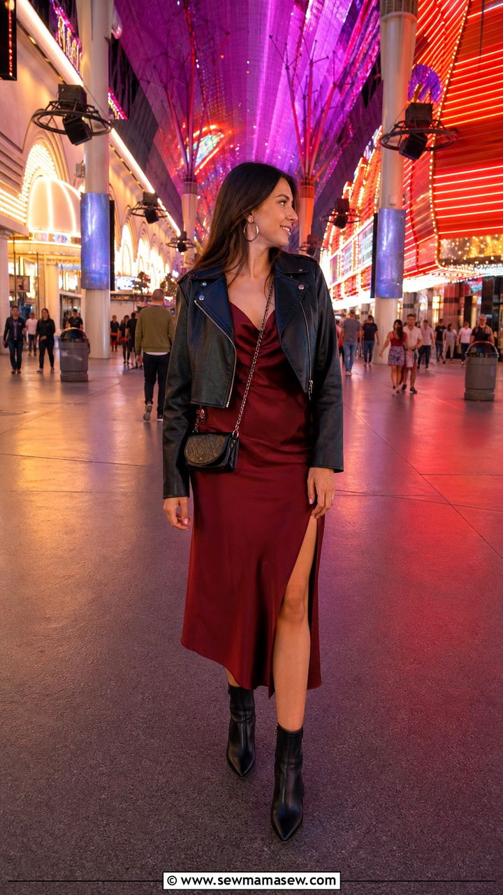 Slip Dress with Leather Jacket and Ankle Boots - 40 Las Vegas outfit ideas
