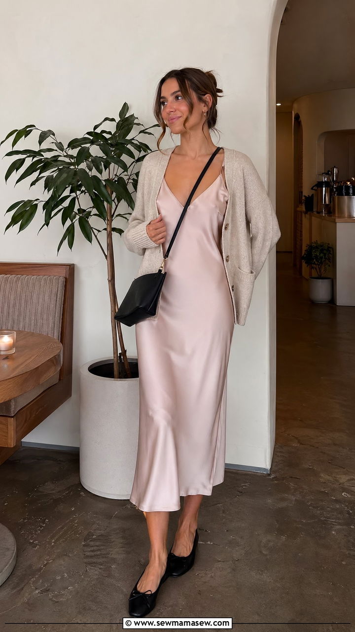 Slip Dress with Lightweight Cardigan and Ballet Flats - 35 dinner outfit ideas for women