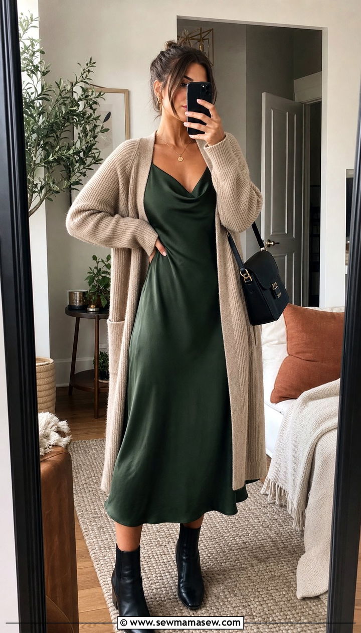 Slip Dress with Long Cardigan and Ankle Boots - 35 casual Friday outfit ideas