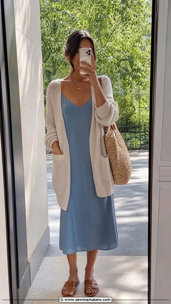 Slip Dress with Long Knit Cardigan and Flat Sandals - 25 Spring outfits with slip dresses