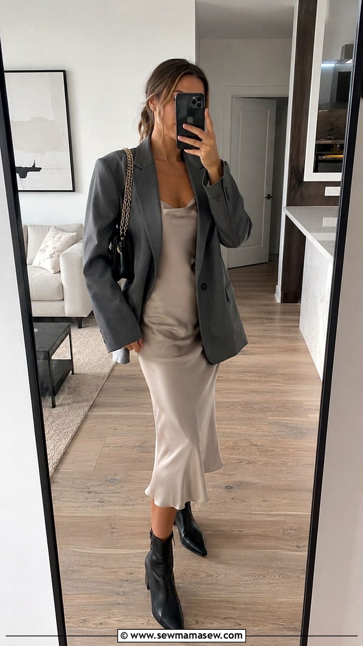 Slip Dress with Oversized Blazer and Ankle Boots - 30 Transitional dress outfit ideas