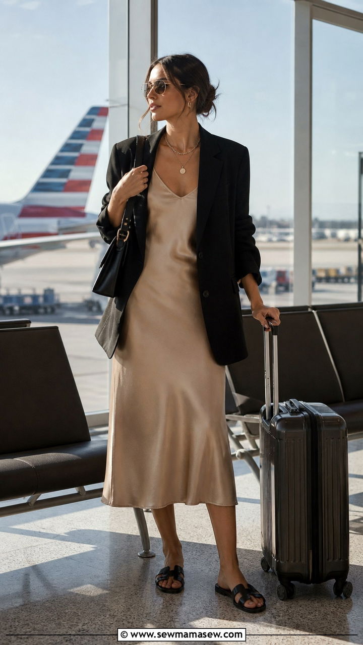 Slip Dress with Oversized Blazer and Flat Sandals - 20 Airport outfit ideas pinterest 2026