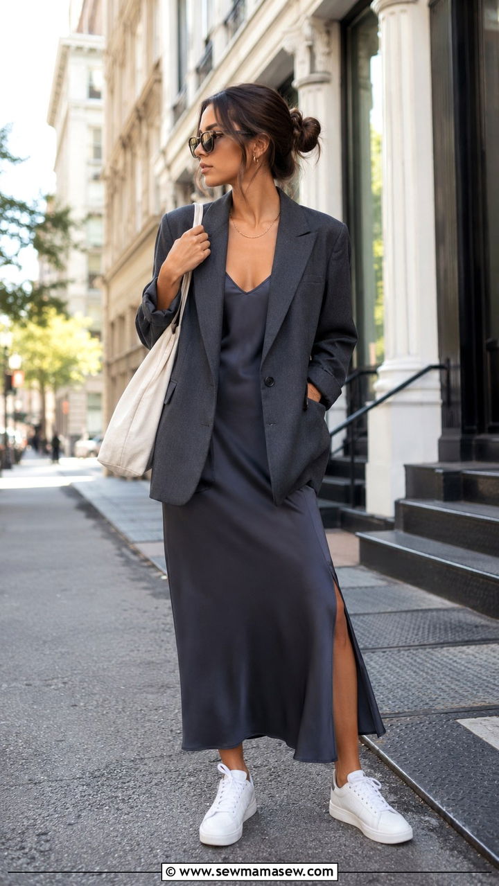 Slip Dress with Oversized Blazer and Sneakers - 30 slip dress outfits ideas