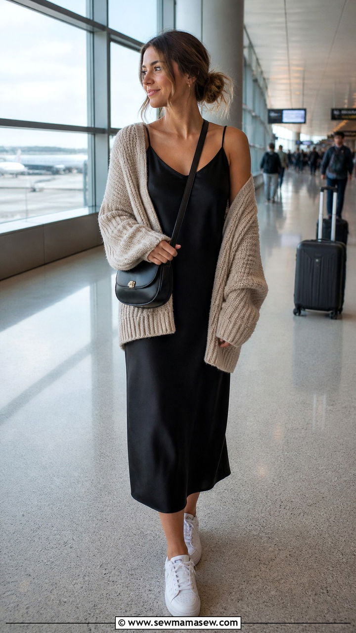 Slip Dress with Oversized Cardigan and Sneakers Airport Outfit - 40 Chic airport outfits