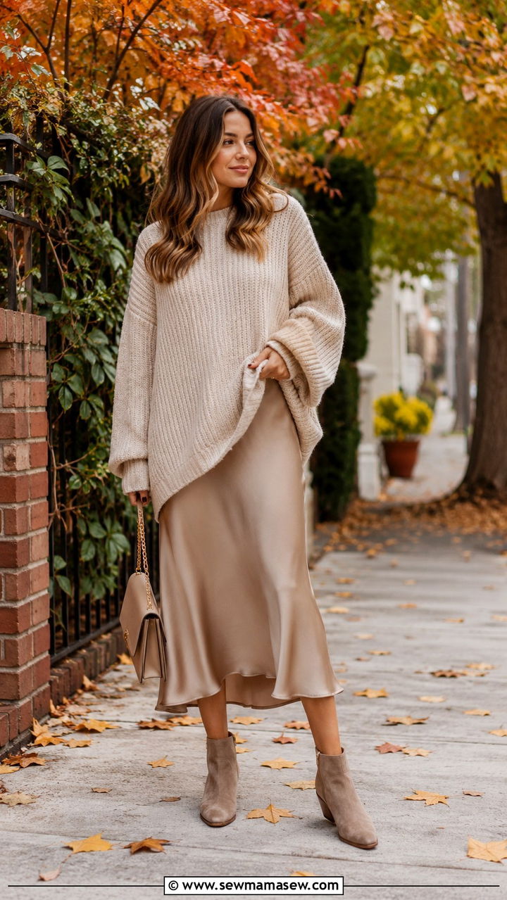 Slip Dress with Oversized Sweater - 30 slip dress outfits ideas