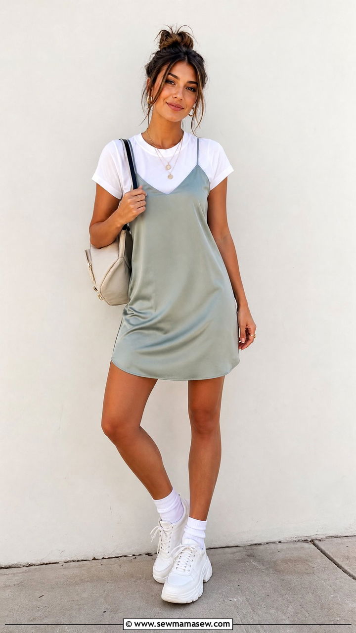 Slip Dress with Oversized Tee and Chunky Sneakers - 30 summer school outfit ideas
