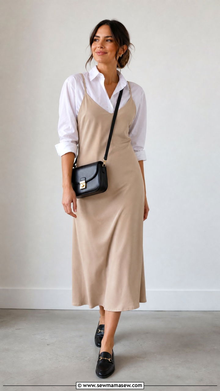 Slip Dress with White Button Down Shirt Underneath and Loafers - 25 Spring outfits with slip dresses