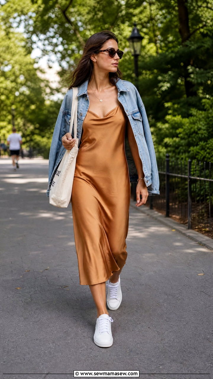 Slip Dress with White Sneakers and Denim Jacket - 35 French girl summer outfit ideas
