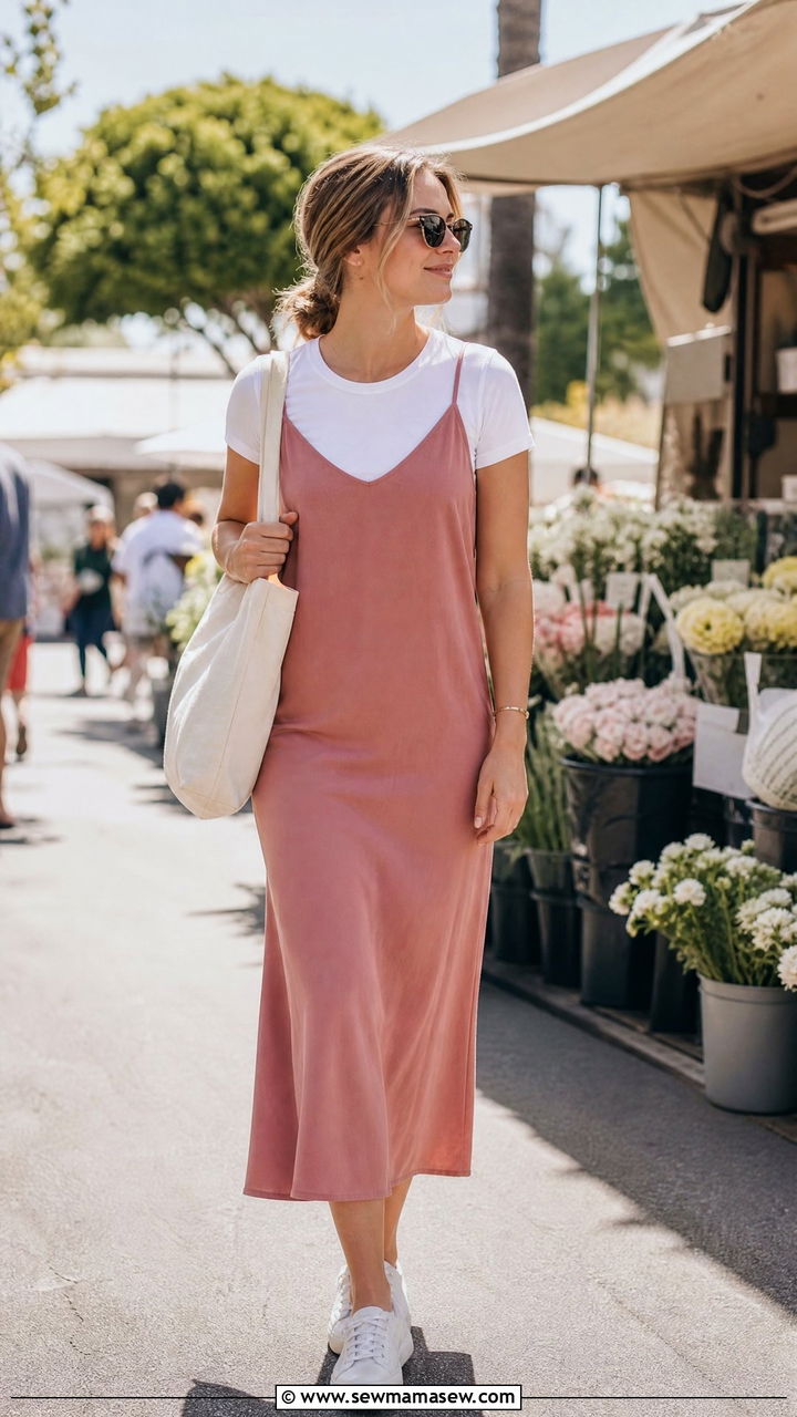 Slip Dress with White T Shirt Underneath and Canvas Sneakers - 25 Spring outfits with slip dresses