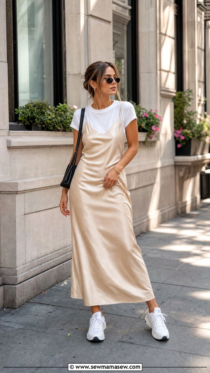 Slip Dress with White T Shirt and Chunky Sneakers - 25 spring 90s outfit ideas
