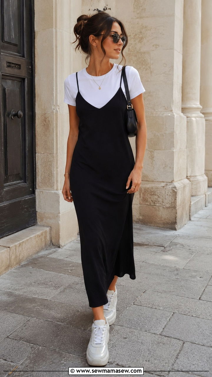 Slip Dress with White T Shirt - 30 slip dress outfits ideas