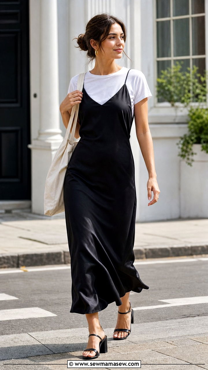 Slip Dress with White Tee and Heeled Sandals - 25 Slip dress outfit ideas with heels
